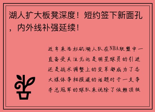 湖人扩大板凳深度！短约签下新面孔，内外线补强延续！